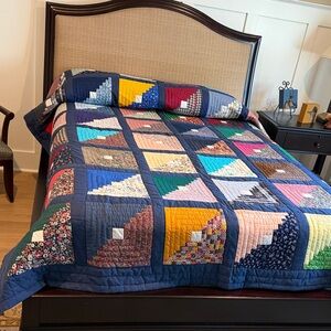 Handmade Patchwork Log Cabin Quilt - Navy Blue Multi
